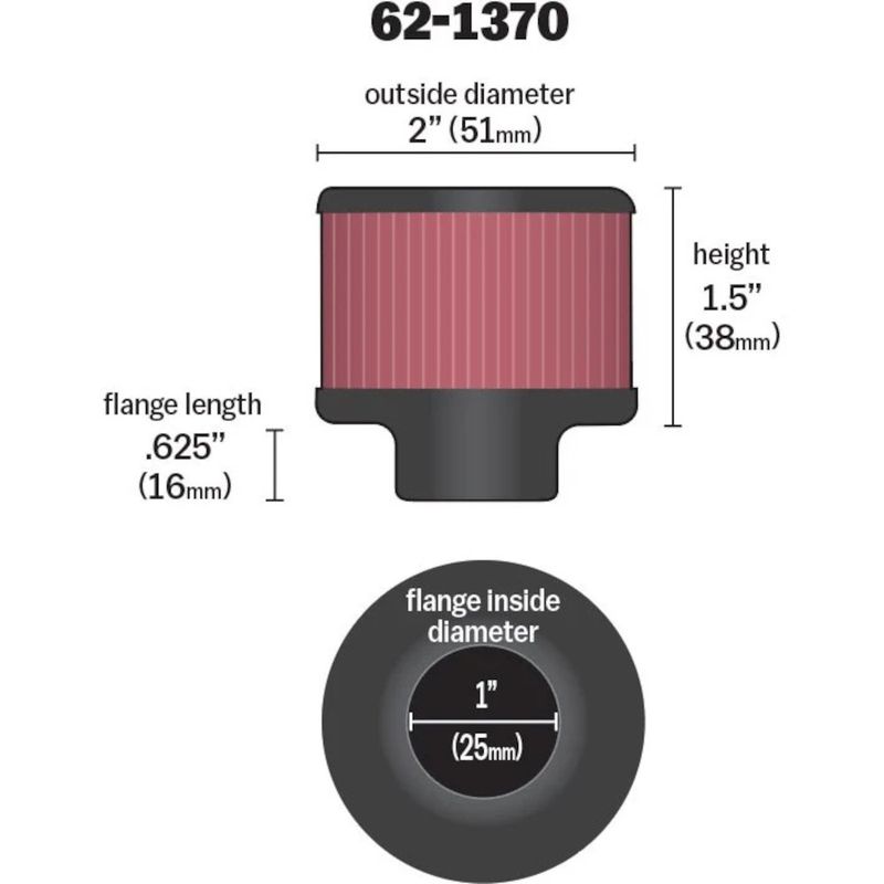 Luftfilter, K&N Åndefilter veivhusventilasjon 25mm, 62-1370