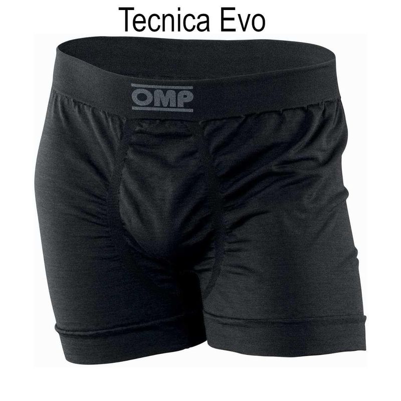OMP Tecnica Evo boxer i svart. Str. S til XXL, FIA 8856-2018, OIE0-0785-