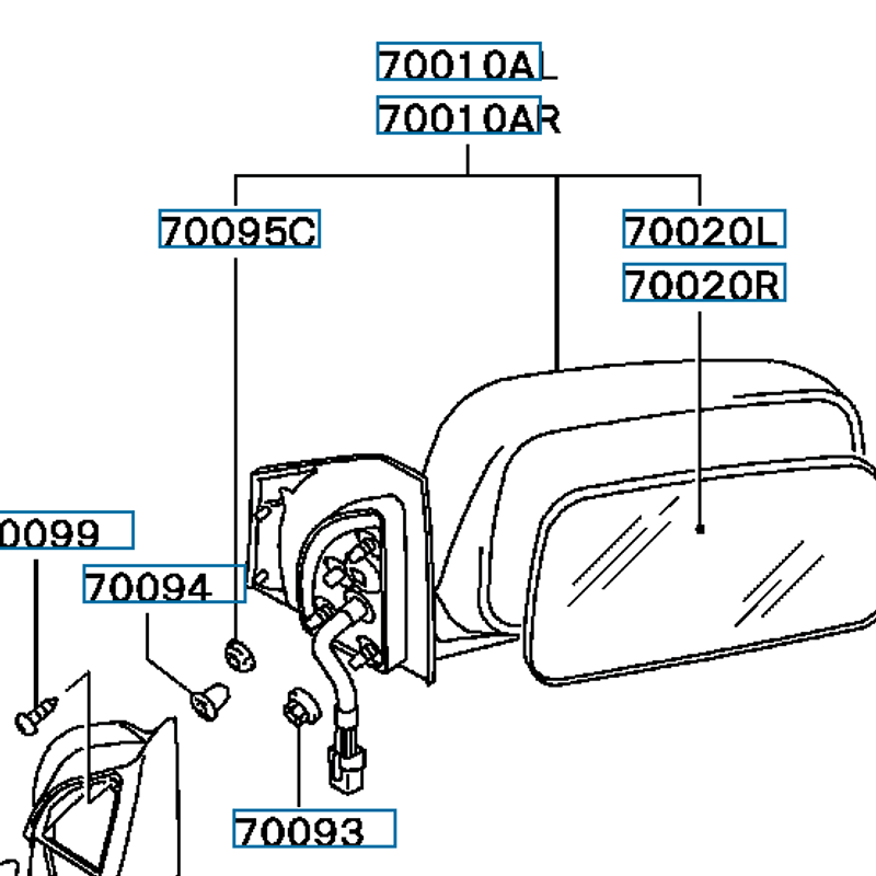 Mirror & Holder, Door LH, OEM Mitsubishi Evo 4-6, MR275331 (70020AL)