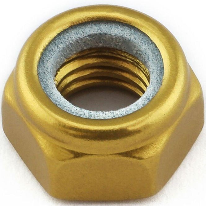 Hovedbilde Mutter, Alu, M5 Nylock til 8mm pipe, Gull. LNYN5G