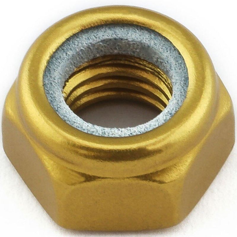Mutter, Alu, M5 Nylock til 8mm pipe, Gull. LNYN5G